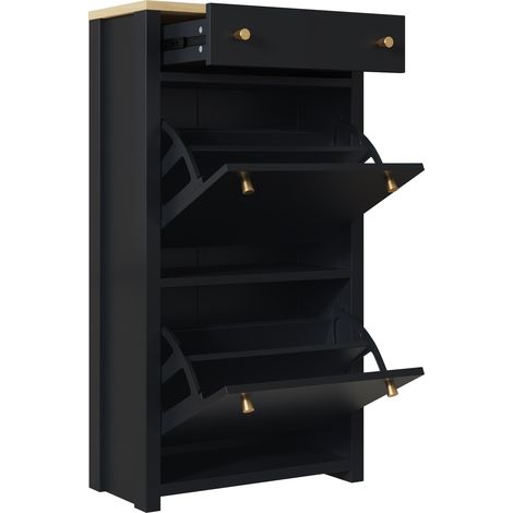 Scarpiera moderna stretta con 1 cassetto e 2 ante, MDF nero effetto legno, 50 x 24 x 95 cm (1/5)