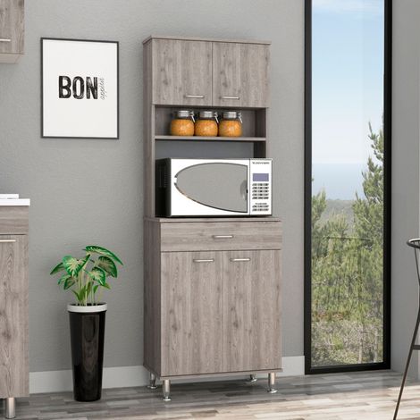 Despensa de cocina Della en melamina con 5 estantes , 4 puertas , espacio para microondas y 1 cajon de riel metalico , gris , 169 cm X 60 cm X 35 cm (1/5)