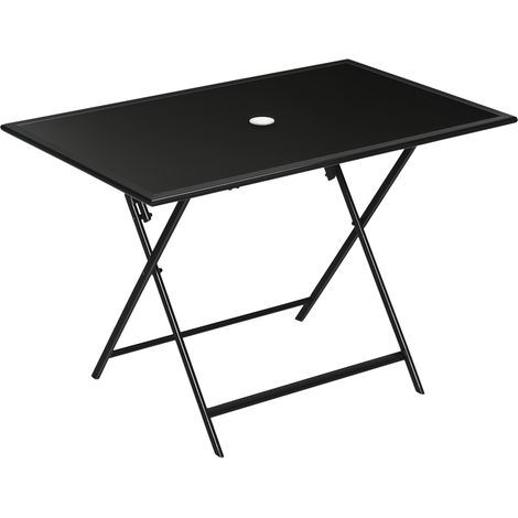 Klappbarer Gartentisch mit Tischplatte aus gehärtetem Glas, Outdoor-Tisch mit Sonnenschirmloch, 110 x 70 x 70 cm, schwarz