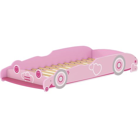 Lit enfant 70x140 cm avec barrière anti-chute, sommier à lattes et tête de lit voiture rose