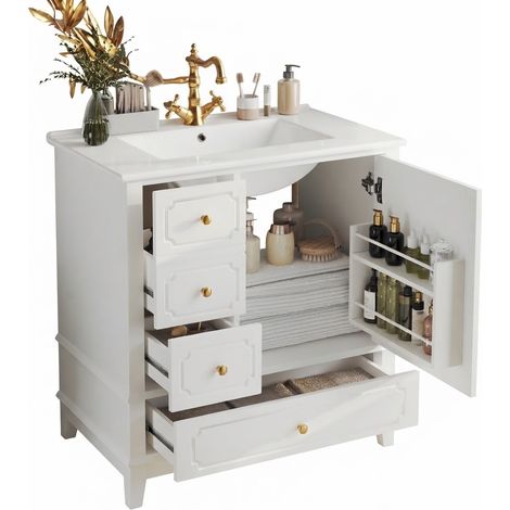 ELVMI Mueble Bajo Lavabo con 3 Cajones, 1 Puerta y Lavabo de Ceramica, MDF, 76.5x47x87.5 cm, Blanco (1/5)