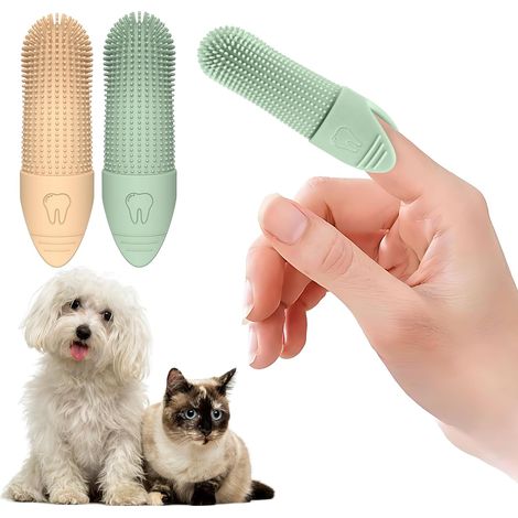 Dos cepillos de dientes de silicona suave para mascotas, de color naranja y verde. (1/5)