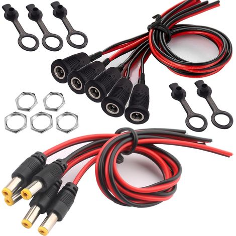 5 Paires 18AWG 12V 5A 5.5mm x 2.1mm DC d'alimentation Connecteur,DC Pigtail Cable,5.5mm x 2.1mm Connecteur DC, connecteur Montage sur Panneau pour Vidéo Surveiller CCTV Caméra Câble