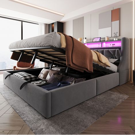 Lit coffre 180x200 cm en velours gris, gain de place pour chambre, FloraGrace (1/5)