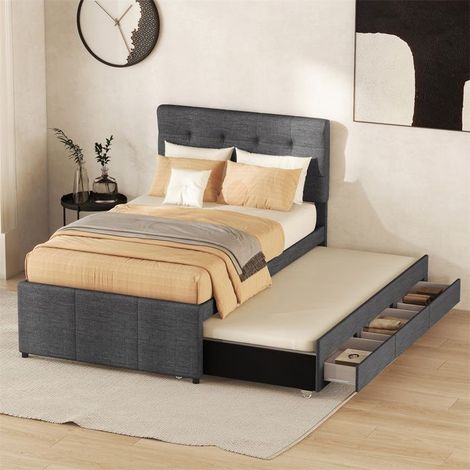 Lit rembourré 90 x 200 cm gris — 3 tiroirs + lit gigogne coulissant, tête de lit réglable, sans matelas
