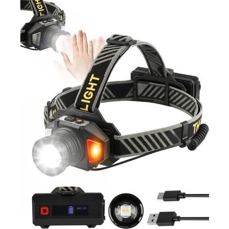 Ultrahelle LED-Stirnlampe, USB-C-aufladbar mit 12 Leuchtmodi, Sensor und Warnlicht, IPX5 wasserdicht, 90° verstellbarer, zoombarer und ausziehbarer Lampenkopf für Camping, Wandern, Angeln und Laufen (1/4)