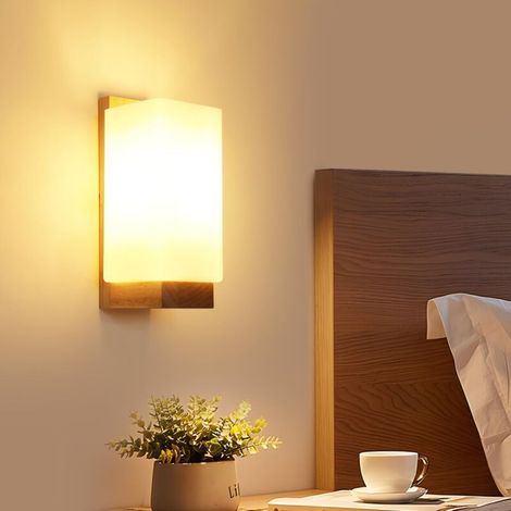 Indoor Wooden Wall Sconce, Vintage Wall Lamp with Glass Shade, E27 Square Wall Light for Bedroom, Living Room, Hallway, Stairs (Bulb Included) (1/5)