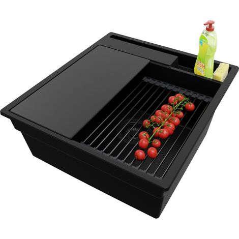 PRIMAGRAN Evier Cuisine en Granit 48x53cm,Lavabo 1 bac + Kit de Vidage + Accessoires, Évier à Encastrer au meuble 50cm - Oslo Pocket, Tout Noir (1/5)