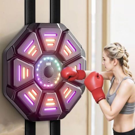 Machine de boxe musicale - support de boxe mural - avec gants de boxe - tapis de frappe mural - gants d'entraînement aux réflexes - éclairage mural LED (1/5)