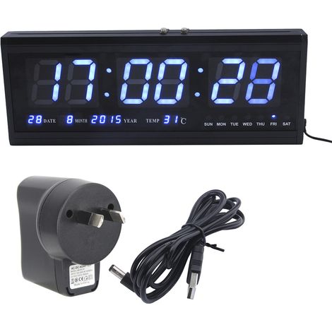 Reloj Digital LED Grande con Calendario, Temperatura y Humedad, Pantalla Azul Ajustable para Pared o Escritorio – Ideal para el Hogar (1/5)