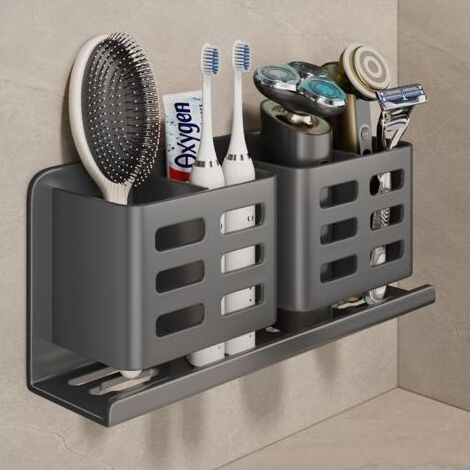 Porte-Brosse à Dents électrique Mural, Aluminium Porte-Brosse à Dents sans percer pour Salle de Bain Support de Brosse à Dents Autocollant Porte-tête de Brosse à Dents (Gris, 4 Compartiments) (1/5)