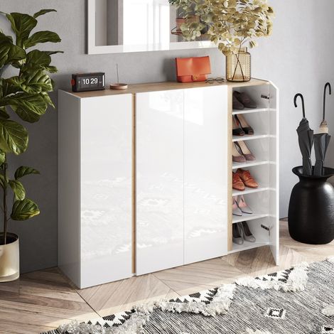 Aparador Ghiffa, Cómoda 10 Estantes, 12 Compartimentos, 4 Puertas, 140x35x111h cm Blanco Brillante (1/5)