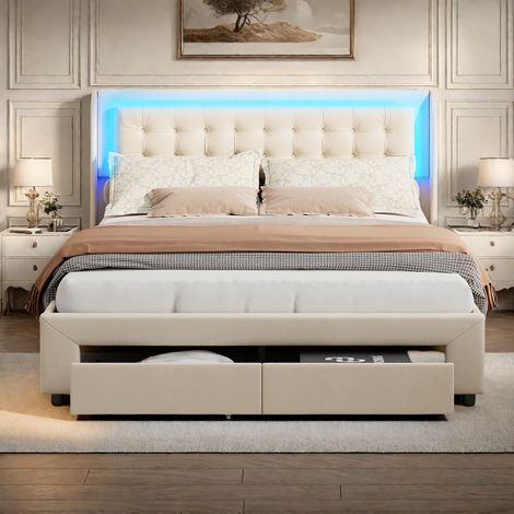 Lit tapissé 140 x 190 cm, éclairage LED, lit double avec coffre hydraulique, avec tiroirs, cadre de lit avec sommier à lattes, velours, beige (livraison locale) (1/5)