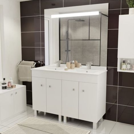 Cuisibane – Meuble double vasque 120 cm – Plan en céramique blanc brillant 121 x 46,5 cm – 4 portes avec rangements – Miroir LED 120 cm hauteur 105 cm - ht105-