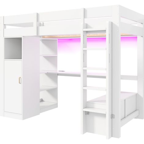 Hochbett 90 x 200 cm mit Kleiderschrank, Regalen, Schreibtisch, LED und USB, Weiß (1/5)