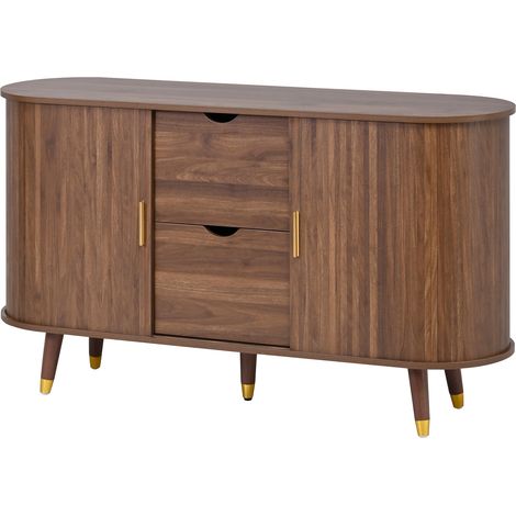 Credenza in MDF noce con venatura verticale, 2 porte scorrevoli, 2 cassetti e gambe in legno (1/5)