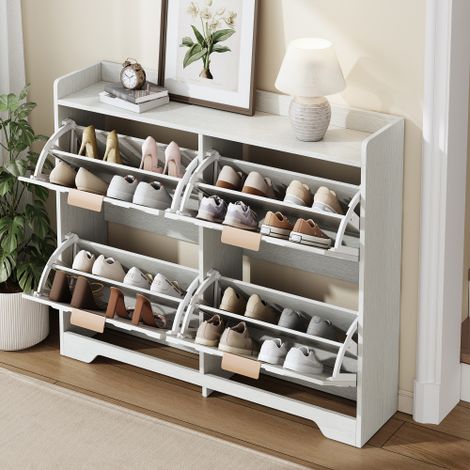 Schuhschrank mit 4 Klapptüren, oberer Ablage – MDF – 105 x 24 x 90 cm – Weiß