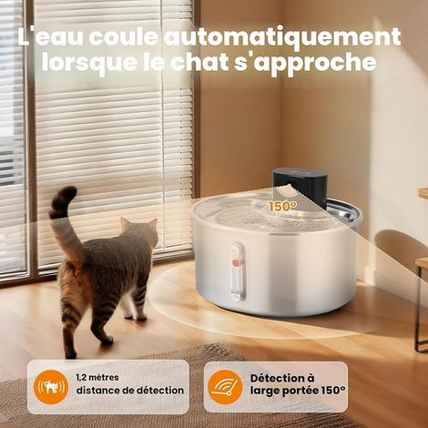 Fontaine a Eau Chat INOX, Fontaine a Eau Chat Detecteur de Mouvement, Batterie, Silencieux, Équipé d'une Fonction Anti-Séchage, pour Chats et Petits Chiens (1/4)