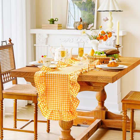 Chemin de table vichy jaune et blanc - 35 x 300 cm - Style maison de campagne - Pour l'été, pique-nique, camping, fête de la bière, jardin, buffet (1/5)