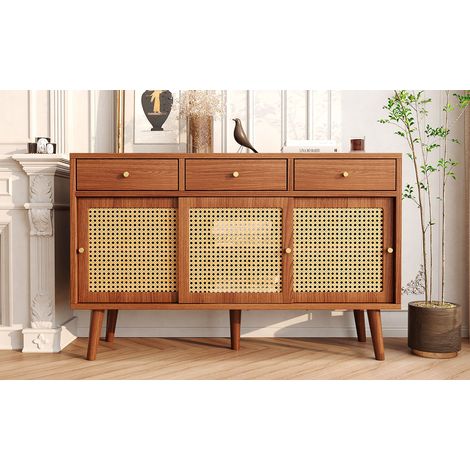 Meuble de rangement en bois massif, commode noyer avec 3 tiroirs et 3 portes coulissantes en rotin naturel, poignées dorées en métal, étagères ajustables, dimensions 120x40x78 cm. (1/5)