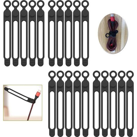 Lot de 20 serre-câbles en silicone réutilisables, organiseur de câbles élastiques polyvalent pour regrouper et fixer les câbles (noir) (1/4)