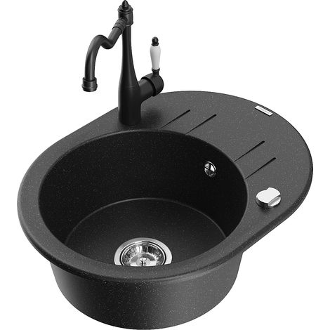 Mexen Kevin fregadero de granito de 1 seno con escurridor y grifo de cocina Carla, negro/plata metálica - 6517-73-670700-70 (1/5)