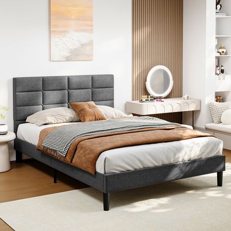 Doppelbett 140x200 cm Polsterbett Quadratisches Kopfteil Minimalistisches Design Unterbett Stauraum Dunkelgrau
