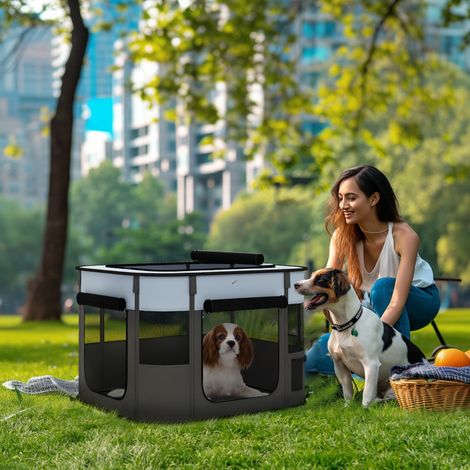 Enclos de jeu pour animaux - pour chiots et chatons - avec sac de rangement - Gris ManBo - intérieur et extérieur - pliable - Pratique