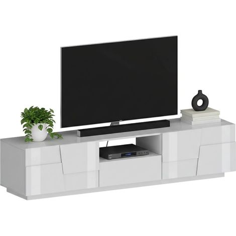 Dmora - Mobile porta TV Maestrale, Credenza bassa da soggiorno con 4 ante e 1 cassetto, Base porta TV, 220x44h46 cm, Bianco lucido
