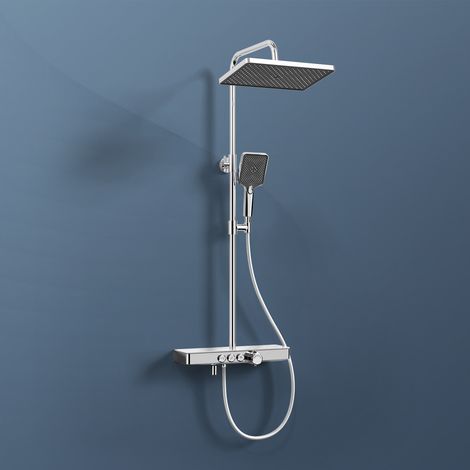 EMKE Colonne de douche Thermostat, 45 x 13 cm étagères en verre, douchette, 3 types de jets, douche à effet pluie, bec verseur, montage mural, Certification KTW, Chrome