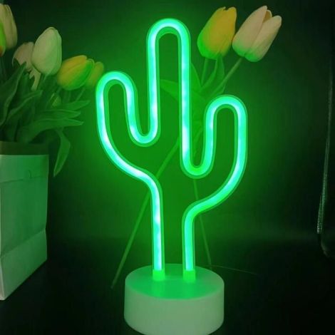 Veilleuse néon cactus avec socle, boîte lumineuse décorative, décoration murale, salon, chambre, Noël, alimentation USB et piles, ve (1/4)