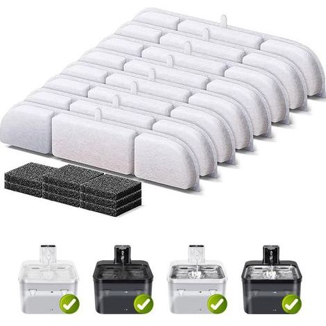 Filtres pour Fontaine à Chat, 8 Filtres à Charbon Actif en Pierre Médicale, Résine échangeuse d'ions et 8 filtres en Mousse pour Fontaine à Eau de 2,5 l pour Chat Sans Fil (Downy Paws) (1/4)