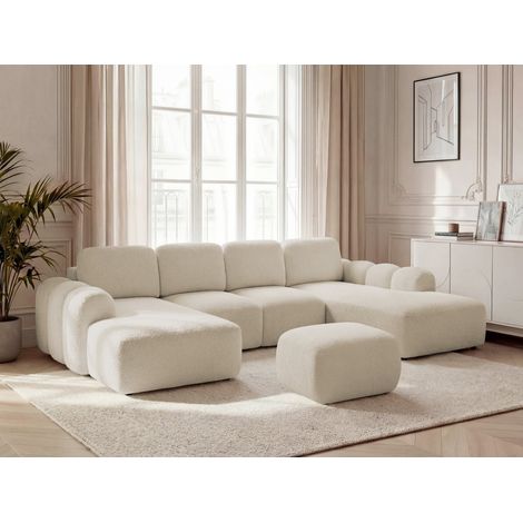 BOBOCHIC - Canapé panoramique convertible coffre MONTAIGNE tissu bouclette avec pouf Angle gauche  Beige