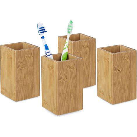 4x Bamboo Square Toothbrush Holder, Natural Design, Size: 11.5 x 6.5 x 6.5 cm, Natural