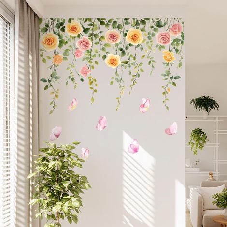 Autocollants muraux roses décorés de papillons, autocollants muraux de fleurs amovibles, décoration murale de vigne de roses suspendue à l'aquarelle, convient à la chambre à coucher, au salon, à la ch (1/5)