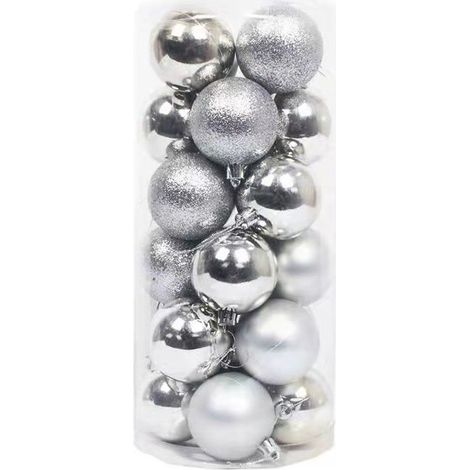 24 Boules de Noël, 6 cm, Argent, PVC, Crochets inclus, Décoration sapin (1/4)