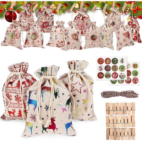 Sac À Calendrier De L'avent - Toile De Lin Naturel - 24 Poches Avec Cordon De Suspension - Pour Décoration De Noël Et Cadeaux Journaliers (1/5)