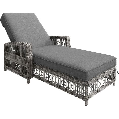 Chaise longue d’extérieur en rotin (1 lot), chaise longue de jardin résistante aux intempéries avec dossier réglable, chaise longue avec coussin amovible, pour terrasse, balcon, bord de piscine, gris (1/5)