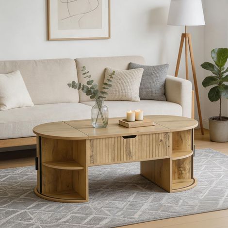Table basse ovale plateau relevable + niches 100x50x40 cm décor chêne (1/5)
