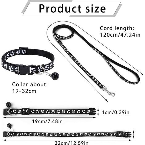 Ensemble Collier et Laisse pour Chien, Chiot, Chat, Chaton Réglable Collier de Voiture avec Durable Laisse de Dressage à dégagement Rapide pour Petits Chiens, Chats,Noir (1/5)