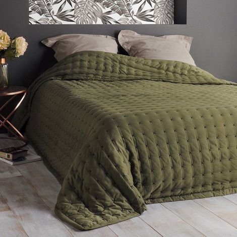 Dessus de lit 250x260cm en polyester – Vert kaki – Finition ourlets – Lavable à 30° – Linder