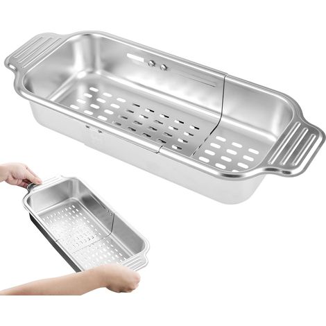 Ausziehbares Edelstahl-Sieb, passend für die Spüle. Dieses ausziehbare Sieb eignet sich ideal zum Waschen von Obst und Gemüse, zum Abgießen gekochter Nudeln und zum Trocknen von Geschirr. (1/5)