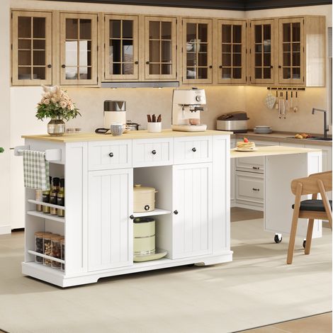 Mobile bar L138(213) x P55 x H93 cm, isola cucina con tavolo allungabile, contenitore, porte USB e finitura bianco naturale (1/5)