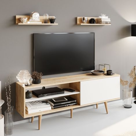 Decorotika Pi 160 Cm Wide Meuble TV Meuble TV TV Cabinet Storage With Open Shelves And Cabinet - Sapphire And Blanc (1/4)