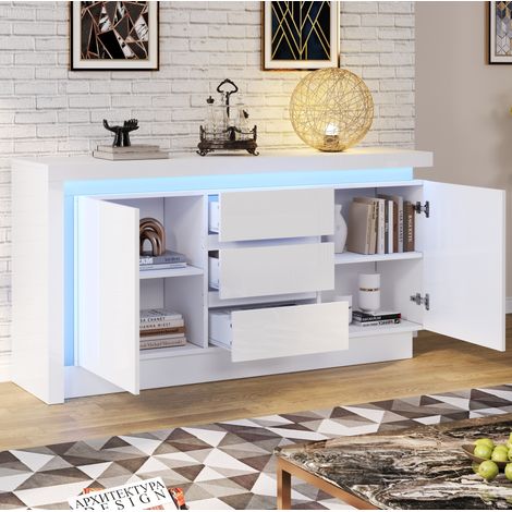 Credenza 140x35x72 cm con 2 armadi, 3 cassetti, LED, ripiani regolabili, pannello in particelle bianco (1/5)