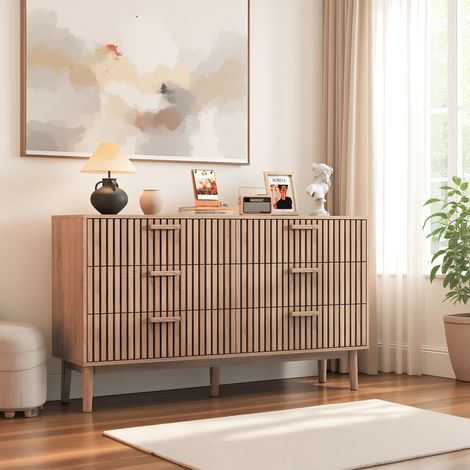 Naturholzoptik Sideboard, Küchenschrank mit 6 Schubladens, Aufbewahrungsschrank mit Holzgriffen, Moderner Schubladenschrank, für Wohnzimmer, Küche und Büro, 100 x 34 x 73 cm (1/5)
