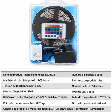 Kit Ruban LED RGB 5 m Étanche 12V Haute Luminosité avec Télécommande 2835 15,2 × 5 × 24,5 cm 700 g – Livraison gratuite