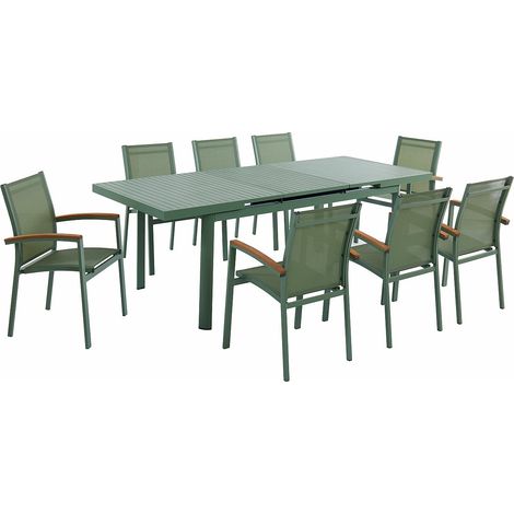 Salle à manger de jardin en aluminium : une table extensible L.180/240cm et 8 fauteuils empilables avec accoudoirs acacia - Vert amande - NAURU de MYLIA