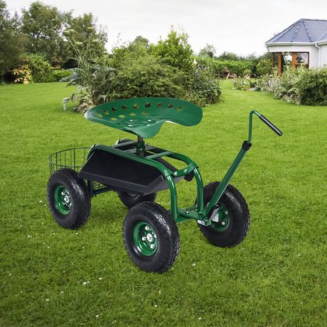 Chariot de Jardin Poignée Extensible Panier Rangement 2 Plateaux Outils 4 Roues Vert CW23992 (1/3)