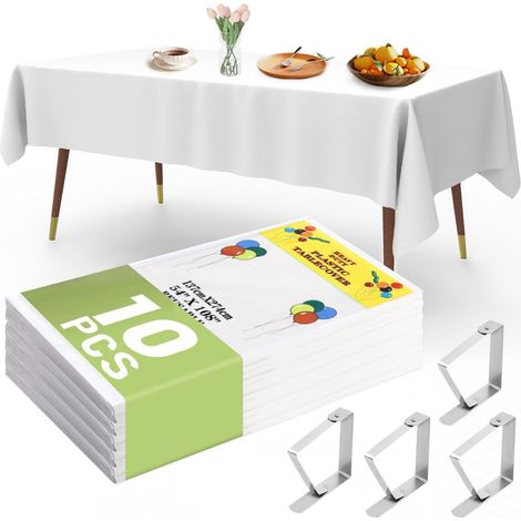 Lot de 10 nappes jetables rectangulaires - En plastique imperméable - Pour anniversaire, fête, mariage - Blanc - 137 x 274 cm (1/5)